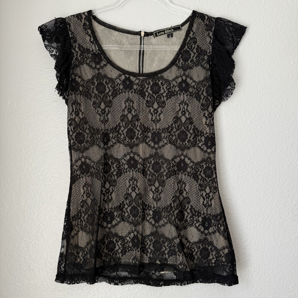 Vintage Women's Y2K‎ Black Lace Top Size Large Coquette Fairy Goth Dark Vamp